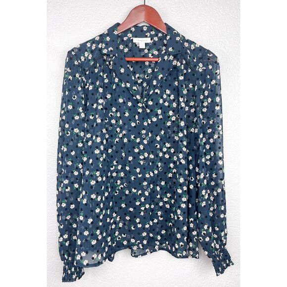 Topshop Size 10 Large Top Sheer Floral Daisy Polka Dot Black Navy Blue Oversized - Picture 1 of 13